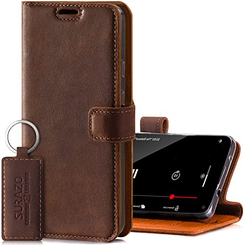 SURAZO Handyhülle für Apple iPhone 12 & iPhone 12 Pro – Premium Echtleder Hülle Schutzhülle mit [Standfunktion, Kartenfach, RFID Schutz] – Klapphülle Wallet case Handmade in Europe (Nussbraun)