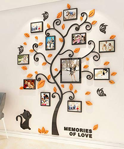 Wandaufkleber Baum Wandtattoo 3D DIY Familie Bilderrahmen Foto Sticker Familie Wandbilder Wandkunst für Hause Wohnzimmer Schlafzimmer (Orange,XXL-220 * 181cm)