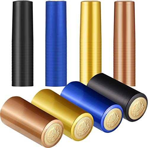 Blulu 200 Pcs PVC Heat Shrink Capsules, Black, Navy Blue, Gold, Rose Gold | Wine Shrink Wraps with Gold Grape Seal, Wine Sealer for Bottles, Sleeves Caps for Home and Wine Making Cellars, Easy to Use