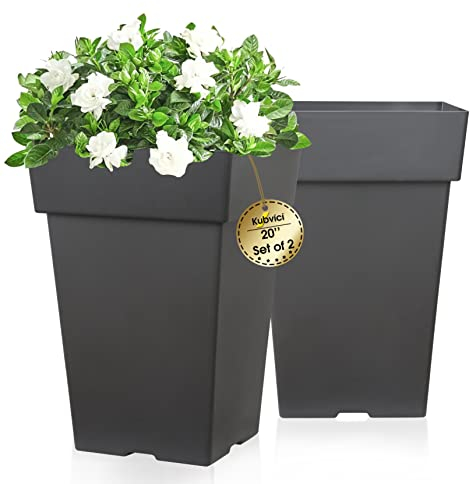 Kubvici Blumentöpfe aus Kunststoff, 33 cm hoch, 50,8 cm, 2 Stück, für drinnen und draußen, mit Untersetzer für Garten, Zuhause (schwarz, hoch 50,8 cm)