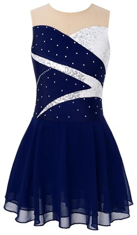 YiZYiF Vestito da Pattinaggio Artistico Bambina Chiffon Paillettes Vestito da Balletto Senza Manica Leotards Abito da Ballo Latino Ballerina Jazz Samba Rumba Performance Blu Scuro 14 Anni