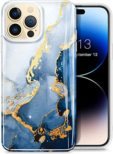 luolnh Gold Glitter Sparkle Case Compatible with iPhone 14 Pro Max Case Marble Design Shockproof Slim Soft Silicone TPU Bumper Cover Phone Case for iPhone 14 Pro Max 6.7 Inch 2022(White&Dark Blue)