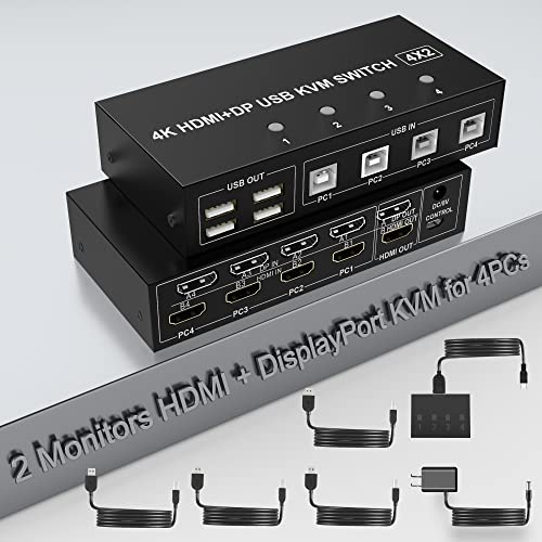 4 Port HDMI + Displayport KVM Switch Dual Monitor 4 Computer 4K@60Hz Support HDMI2.0 DP1.2 KVM Switch mit 4USB Hub, Tastatur Maus Monitor Switcher für 4 PCs Dual Monitors (HDMI+Displayport)