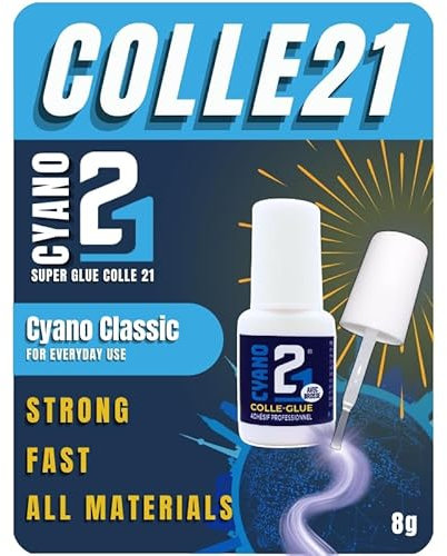 SUPER GLUE flacon de 8 gr. avec pinceau cyano Colle21, Colle transparente pour Tout Support, Glue Multi Usage, Colle Extra-Forte, Colle liquide, Colle professionnel