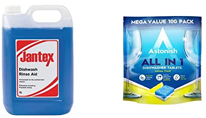 Jantex CF977 Dishwasher Rinse Aid Concentrate 5Ltr & Astonish All In 1 Powerful Cleaning Dishwasher Tablets with Salt and Rinse Aid, Mega Pack of 100 Tablets, Lemon Fresh