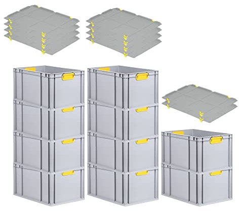 PROREGAL SuperSparSet 10x Eurobox NextGen Color mit Auflagedeckel & Schiebeschnappverschlüsse, HxBxT 32x40x60cm, 65L, Griffe gelb geschlossen, Verstärkter Boden, Eurobehälter Transportbox