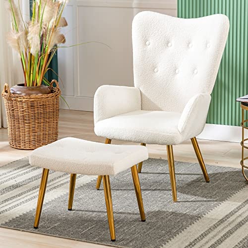 Merax Ohrensessel mit Hocker, Vintage Retro Relaxsessel Lehnstühle Fernsehsessel Polstersessel Armsessel, Teddy-Plüsch Einzelsessel, Stilvolles Design, für Wohnzimmer Schlafzimmer, Weiß, Set