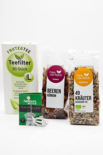 teeverliebt - Tee Geschenkset | Bio Tee & Zubehör | Tee, Teefilter & Teefilterhalter | 100% naturbelassen | BIO Tee Set | Geschenk zum Muttertag | 290g