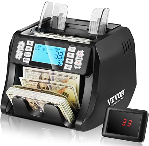 VEVOR Geldzählmaschine, Banknotenzähler mit UV-, MG-, IR- und DD-Falschgelderkennung, USD- und EUR-Geldzählmaschine mit Additions- und Batch-Modus, Großes LCD & Externes Display
