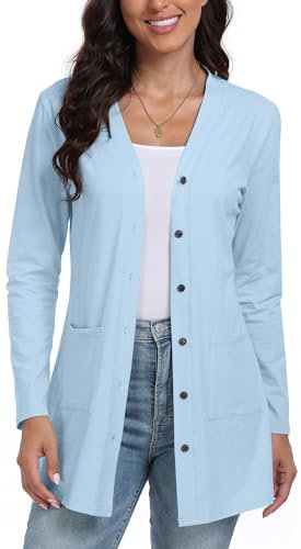 DEARCASE Cardigan da Donna A Tinta Unita in Maglia Leggera Aperto sul Davanti con Maniche Lunghe Bottoni E Tasche, Small Light Blue