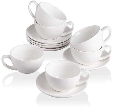 Sweejar Home Ceramic Cappuccino Cups, 250ml Espresso Cups, Porcelain Cup & Saucer, Tea Cup Set for Specialty Coffee Drinks, Latte, Americano (White, Set of 6)
