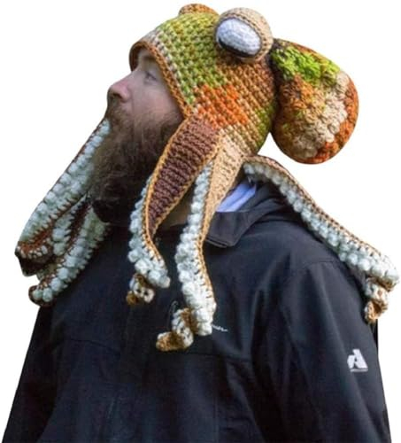 SHANGMAOYO Lustige Ritter Helm Beanie mit Bartmütze,Handgewebte Gestrickte Mütze, Erwachsene Lustige Cartoon Octopus Lange Tentakel Augen Hut Halloween Cosplay Skimaske (Type-D)
