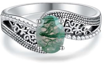 Natural Moss Achat Ring 925 Sterling Silber Vintage Band Ring mit 5 * 7mm Oval Cut Moss Achat Versprechen Hochzeit Verlobung personalisierten Namen Ring für Frauen Größe 20