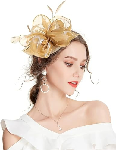 Generisch Damen-Fascinator aus Organza, Feder-Blume, Derby-Hut, Hochzeit, Pillbox, Hut, Teeparty, Clips, gold, Einheitsgröße