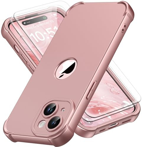 ORETECH Cover Compatibile con iPhone 15, Custodia iPhone 15 con [2 x Pellicola Protettiva Vetro Temperato] 360 Protezione Completa Ultra Sottile Hard PC TPU Silicone Antiurto Cover-Rosa