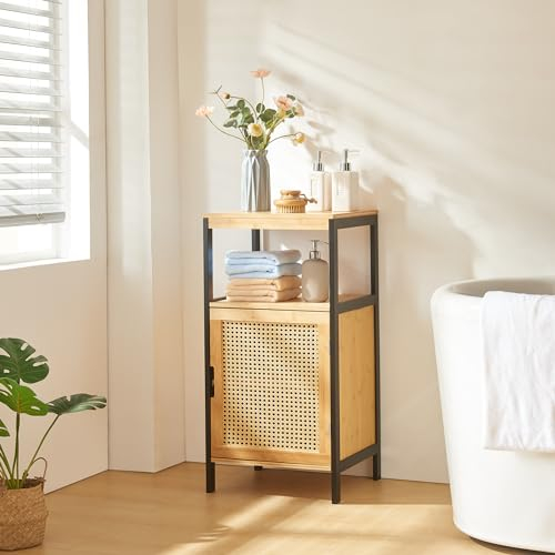 [en.casa] Armoire de Salle de Bain avec Porte et 3 Niveaux de Rangement Meuble de Stockage Style Scandinave pour Salon Chambre Cuisine MDF Bambou Rotin 80 x 40 x 35 cm Noir Naturel
