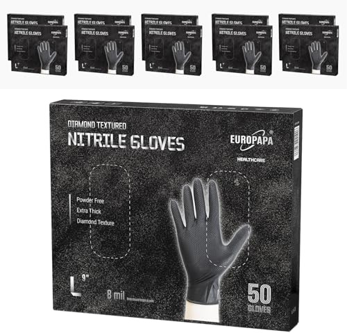 EUROPAPA® 500 Stück (10x50) extra Dicke Nitrilhandschuhe DiamantGrip Diamant Perfect Grip Einweghandschuhe Montageschutzhandschuhe puderfreier latexfreier Arbeitshandschuhe (8 mil, L, Schwarz)