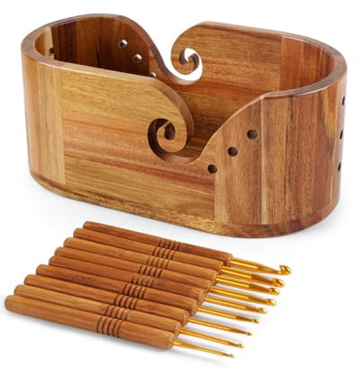 Oval Yarn Bowl, Crochet Yarn Holder with 9pcs Knitting Hooks, Yarn Storage Crochet Bowl Knitting for Crocheters, Large Yarn Bowl Acacia Wooden 11.3x5.9x4.7inch (Acacia Yarn Bowl)