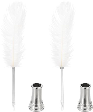 PATIKIL Feder Kugelschreiber, 2 Stück 0.5mm Vintage Kalligraphie Stifte mit Feder zum Schreiben Büro, Straußenfeder Stift mit 2 Stück Ständerhalter für Hochzeit Unterschrift, Weiß
