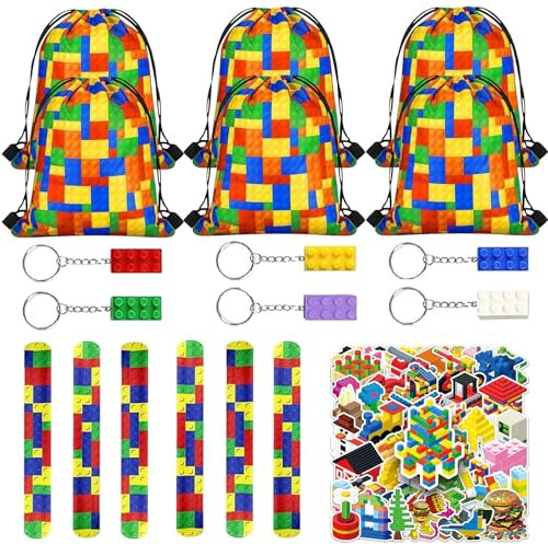 68 PCS Blöcken Themen Party-Mitgebsel, Bauklötze Kindergeburtstag Gastgeschenke Set, 6 Kinderpartys Kordelzugtaschen 6 Bauklötze Schlüsselanhänger 6 Schnapparmbänder 50 Aufkleber, Geburtstag Giveaway