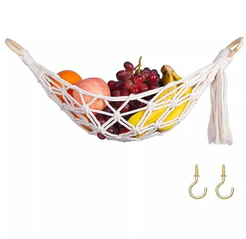 OWLMATE Frucht Gemüse Hängematte, Obst Gemüse Hängematte Obst Hängendes Netz mit 2 Stück Schraubhaken, für Obst Unter Schrank für Küche Zuhause Wohnmobile-60cm