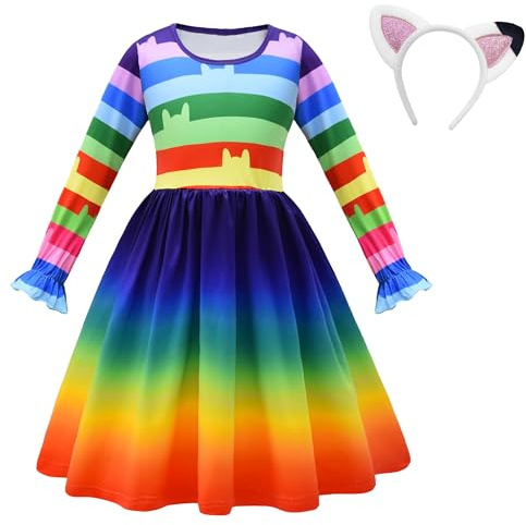 YODISON Katzen-Puppenhaus-Kleid mit Regenbogenstreifen, langärmelig, mit Katzenohren, Haarband, Halloween, Geburtstag und Weihnachten (110 cm / 3–4 Jahre)