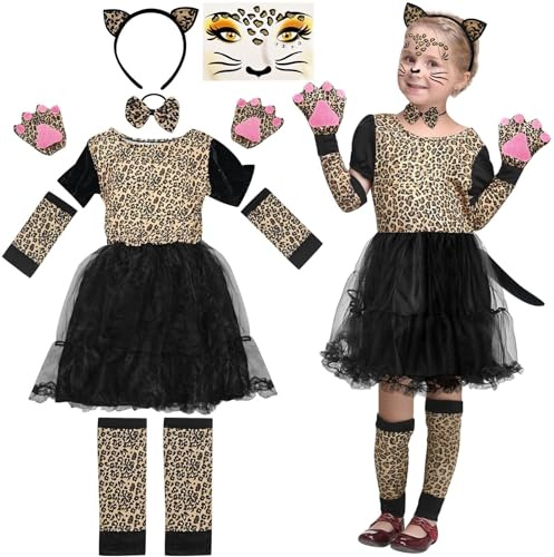 Meemion 10 Pezzi Costume Leopardo per Bambina, Costumi Animali Bambini | Ragazze leopardo Costumi di Carnevale con Leopardo Cerchietto e Scaldamuscoli, per Carnevale Halloween Party Cosplay