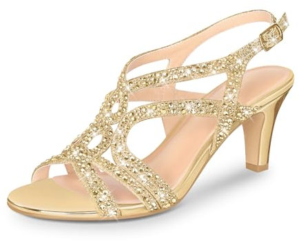 PIZZ ANNU Womens Sandals Sparkly Rhinestones Strappy Kitten Heels Ladies Wedding Shoes for Women Bride Slingback Summer Prom Party Gold Size 7