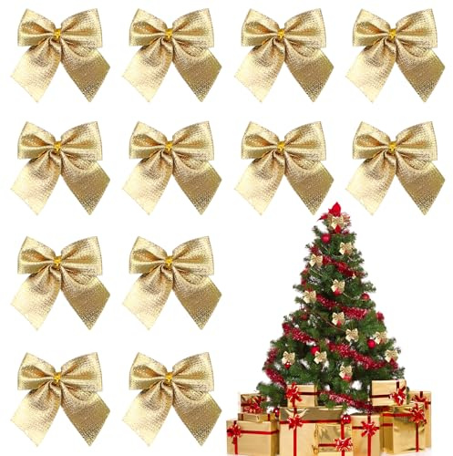 12 Stück Weihnachtsschleifen - Weihnachten Golden Bogen Dekorationen, Glitzer Weihnachtsbaum Schleifen Weihnachtsbaumschmuck für Familienfeiern Party Dekoration, Weihnachtsbaum Bogen Schleife