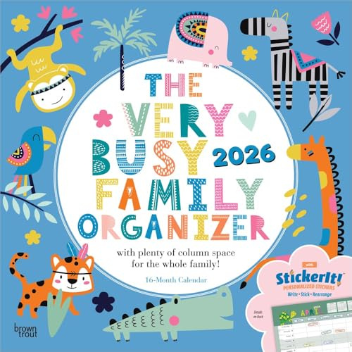 The Very Busy Family Organizer | 2026 30,5 x 61 cm (12 x 24 Zoll) (hängend) monatlicher quadratischer Wandkalender | mattes Papier und Stickerbogen | plastikfrei | BrownTrout | Planer Planer