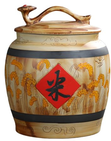 Grand récipient de Stockage de Nourriture, Seau à Riz en céramique Chinoise, Cylindre de Riz en céramique Classique, Pot à Riz en céramique avec Couvercle, Distributeur de céréales, pour NOU