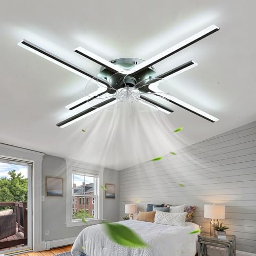 Grande Lampadario Ventilatore Con Telecomando, Dimmerabile Ventilatore a Soffitto Con Luce a 6 Velocità Moderno Reversibile Lampadario Con Ventilatore Da Soffitto Soggiorno Con Memoria, Nero 86CM