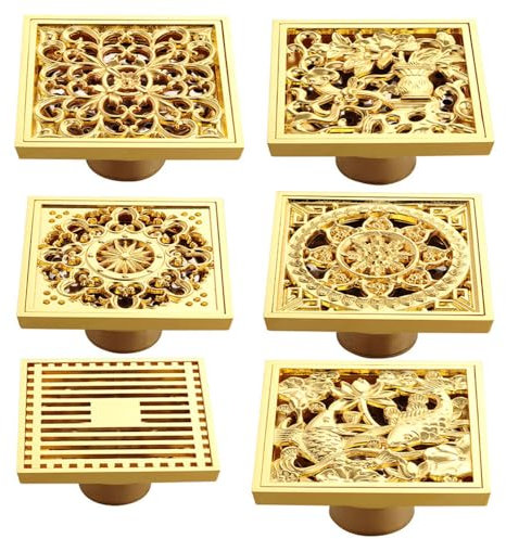 Goldener Messing-Abfluss, 10 x 10 cm, quadratisch, desodorierend, für den Innen- und Außenbereich, Gartendusche, Bodenablauf, 04, 10 x 10 cm