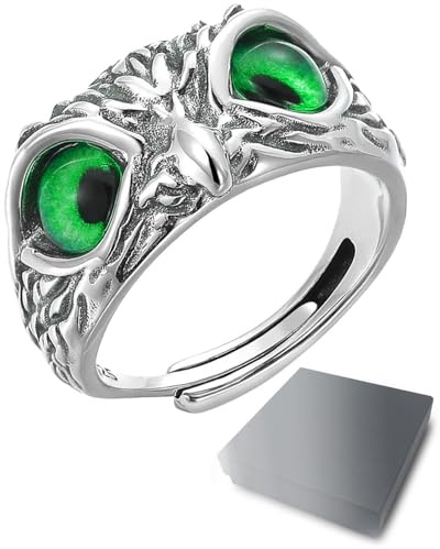 HSIXHAF 1 PCS Eulenring mit Einstellbare Öffnung, Ringe für Frauen und Mädchen, Grüne Augen, Wednesday, Mit schwarzer Geschenkbox