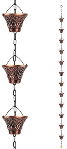 Peosaard Copper Rain Chains, 12 Cups Rain Catcher Chain Replacement Downspout for Outdoor Garden Decoration Gifts/8.8ft