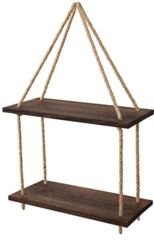 ISOYTERO Rope Shelf Wood Wall Hanging ladder for Living Room Bathroom Bedroom Kitchen Apartment Office 2 Tier