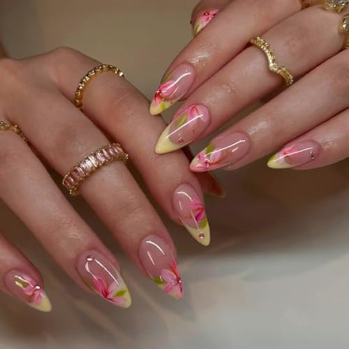 Almond False Nails Medium Long - 24Pcs Yellow French Nail Tip with Flower Diamond Design Fake Nails - Glossy Full Cover Press on Nails - Stick on Nail for Women Girls Days Nail Art