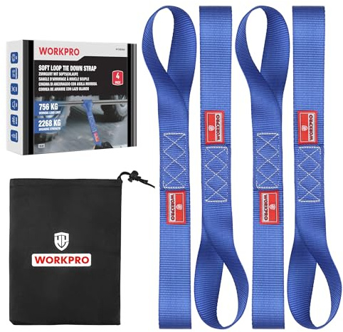 WORKPRO Zurrschlaufen 4-TLG., 43x4cm, 756kg Belastbarkeit, Blau | Mit Tasche, ideal für Motorrad- und Fahrradtransport, Gepäck und Camping, robuste Haltegurte mit hoher Belastbarkeit