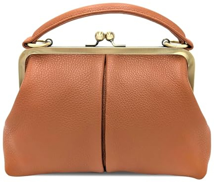 Taschenkinder Damen Echtleder Handtasche – Vintage Bügeltasche „Kleine Olive, Henkeltasche und Umhängetasche aus Leder (Camel)