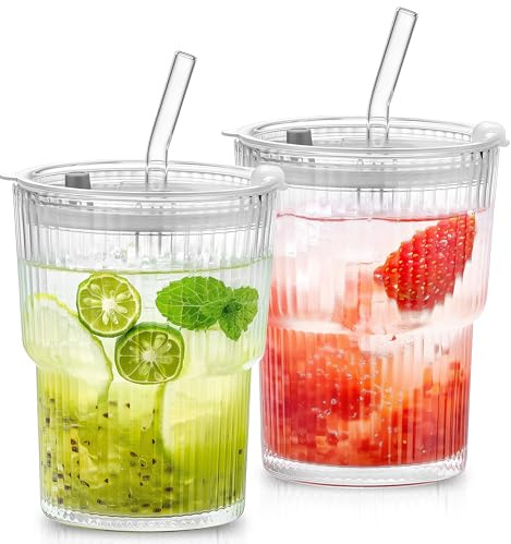 LIMILI 2 Pack 400ml Glass Tumbler with Lid and Straw - Ribbed Glass Iced Coffee Cups, Clear Leakproof Reusable for Smoothies, Juice, Tea, Cola, Water, Latte, Matcha, Cold Drinks