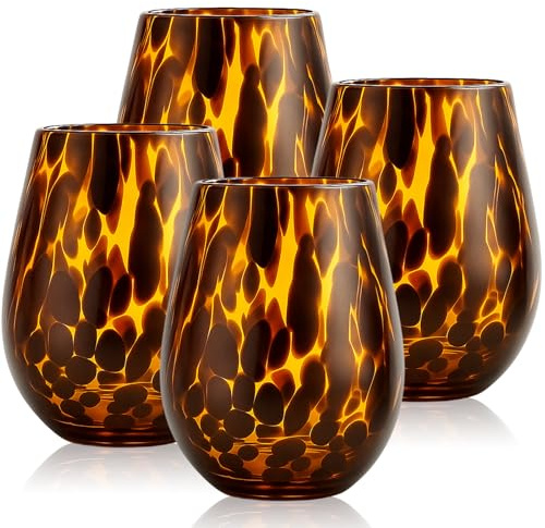 SiliFine Set of 4 Tortoise Shell Leopard Print Stemless Wine Glasses, 19oz Hand Blown Wine Glasses, Brown Glassware, Ideal Tumbler for Gin, Tequila, Gifts for Christmas Party