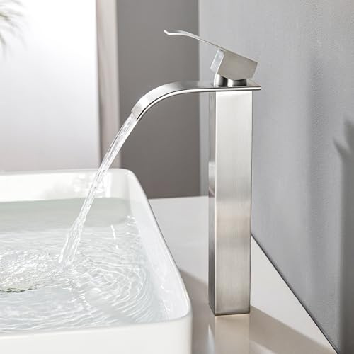 CECIPA Robinet Salle de Bain Noir Cascade Moderne, Robinet Lavabo avec Bec Haut 180mm en Acier Inoxydable, Mitigeur Lavabo Eau Chaude Froide pour Salle de Bain (Brossé)