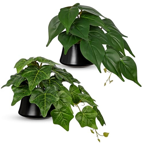 Briful Plantas falsas en maceta de cerámica, juego de 2 filodendros artificiales de hoja de corazón e hiedra inglesa en macetas negras, pequeñas plantas colgantes de imitación para interiores, para