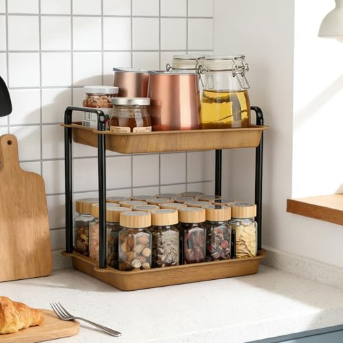 VINATO Scaffale 2 Ripiani, Organizzatore per Cucina in Acciaio al Carbonio con Aspetto Legno, Aste di Supporto Rinforzate, per Piano di Lavoro, Cucina, Bagno, Ufficio