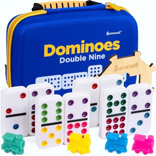 Queensell Doppel-9-Domino-Set für Erwachsene und Kinder mit farbigen Punkten – Klassisches Domino-Spielset mit 55 Steinen, Holzkern, Zügen und Eva-Tragetasche