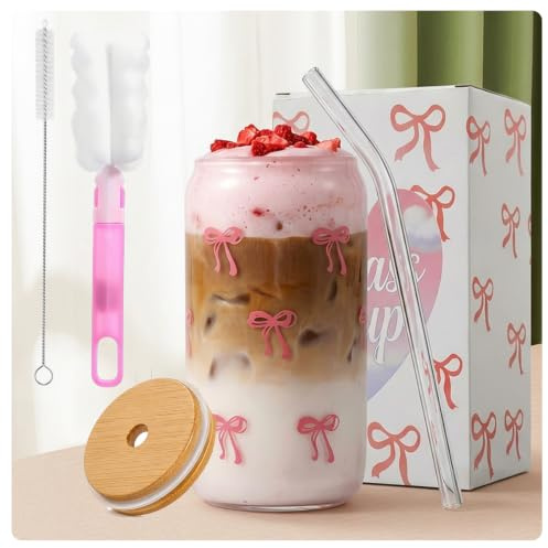 ToKinCen Bow Glass Cup, 16 oz Bow Iced Coffee Glass Cups with Lids and Straws and Cleaning Brush, Pink Cute Bow Glass Cups for Women Girlfriend Wife