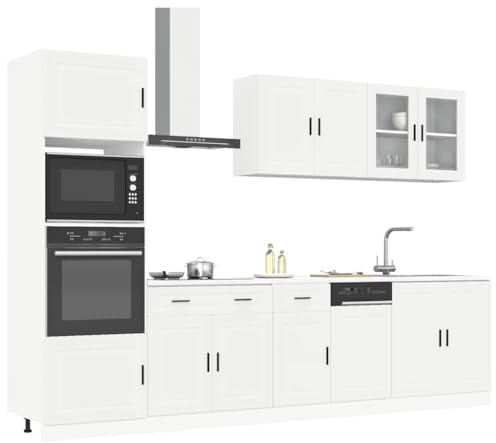 Owoxanthellate 7-TLG Porto Küchenzeile Weiß Holzwerkstoff 80x46x207 cm Höhenverstellbare Füße Großer Stauraum Modernes Design für Küche Esszimmer Flur