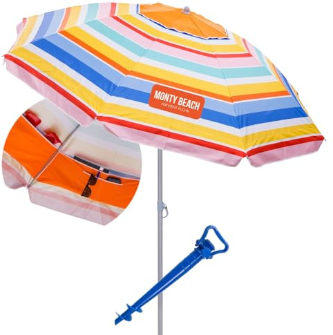 MONTY Sombrilla playa con soporte arena, bolsillos interiores, multicolor, revestimiento plateado UPF+50, techo antiviento, varillas flexibles fibra vidrio, mástil inclinable, regulable altura