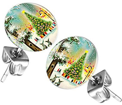 Mianova Ohrringe Stecker Rund Klein Ohrstecker Runde Platte Silber mit Winter Weihnachts Motiv Weihnachten