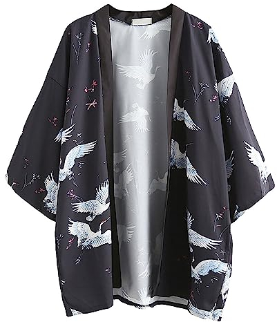 G-LIKE Japanese Kimono Jacket Robe - Traditional Classic Haori Clothing Tokyo Harajuku Antique Styles Floral Loose Jacket Robe Costume Bathrobe Sleepwear for Women Men Girls, black, Einheitsgröße